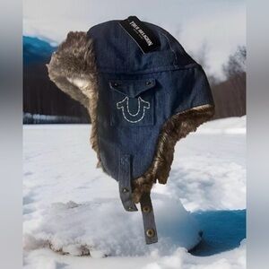 True Religion Blue Denim Trapper Hat with Faux Fur